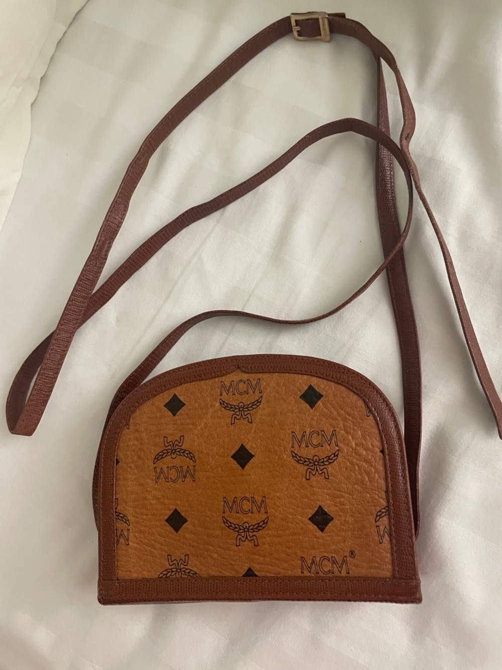 MCM Cognac and Medium Brown Logo Crossbody Bag